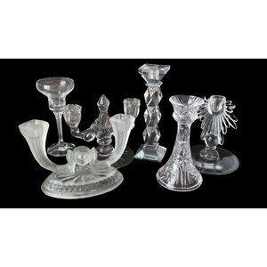 6 Curated Vintage Clear Candlestick Holders Single & Double
